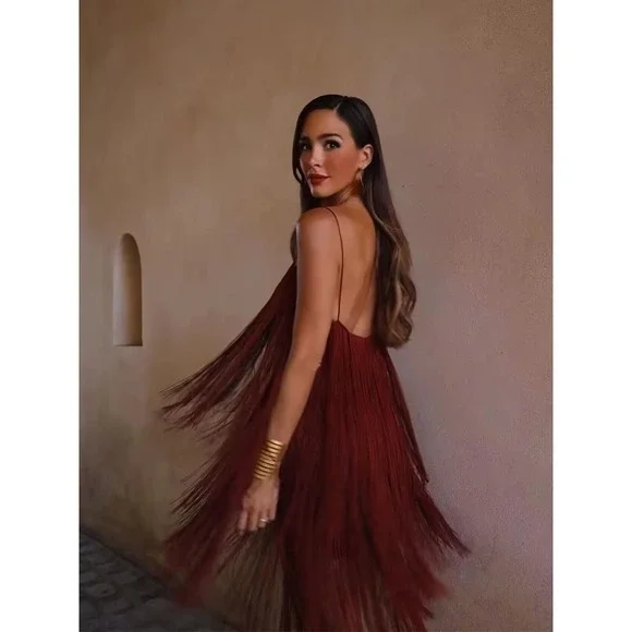 COMMENSE Florence‎ Fringed Open Back Short Dress Burgundy size S/4 - Picture 4 of 8